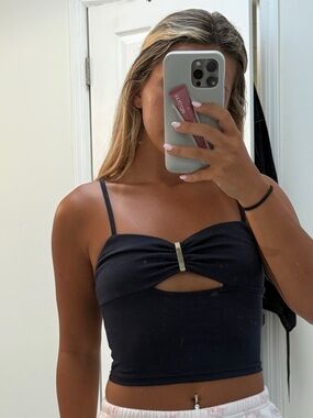 Navy Blue Strapless-Inspired Crop Top with Front Cutout